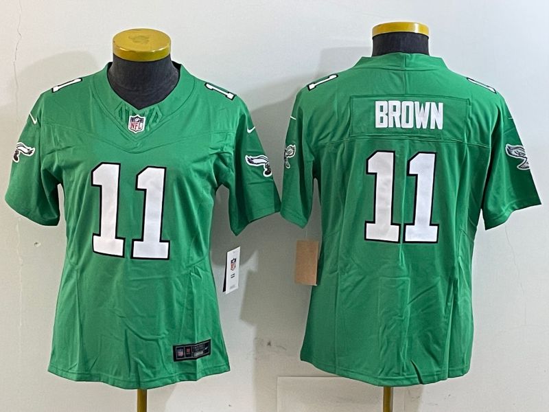 Women Philadelphia Eagles #11 Brown Green three generations 2025 Nike Vapor Limited NFL Jersey style 1->women nfl jersey->Women Jersey